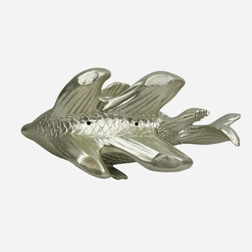 Large Silver Fantail Fish Resin Statue Jewel Rhinestone Eyes Sculpture Decor Art